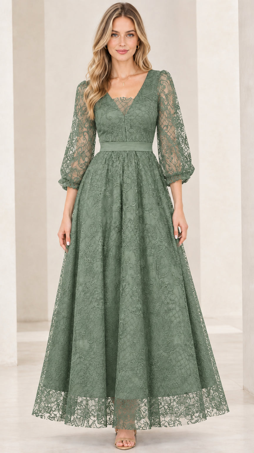 Sage green lace A-line evening maxi dress