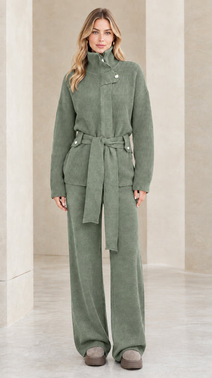 Full-length front view of the relaxed ribbed knit sweater and trousers set in sage green