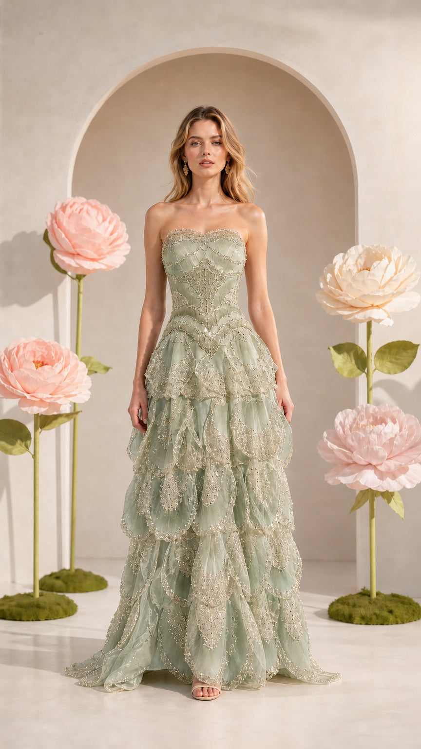 Front view of strapless tiered formal gown in sage green