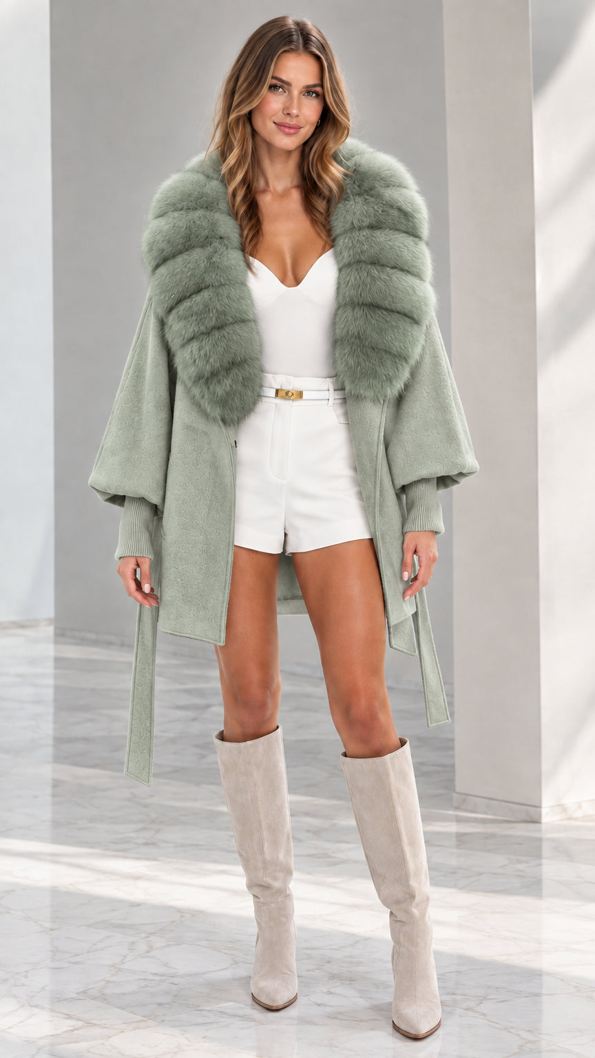 Front view of woman wearing Sage Green faux fur collar belted cape coat