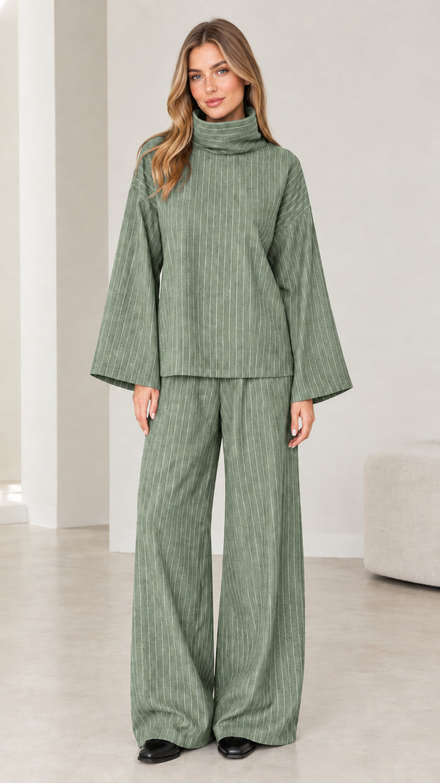 Woman wearing Sage Green pinstripe long-sleeve top and trouser co-ord set