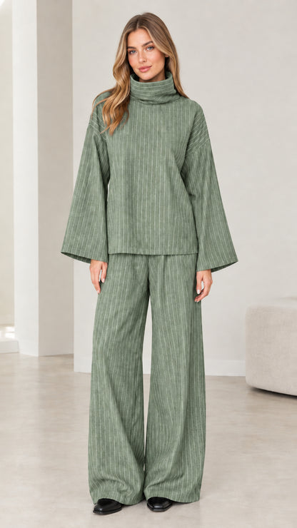 Woman wearing Sage Green pinstripe long-sleeve top and trouser co-ord set