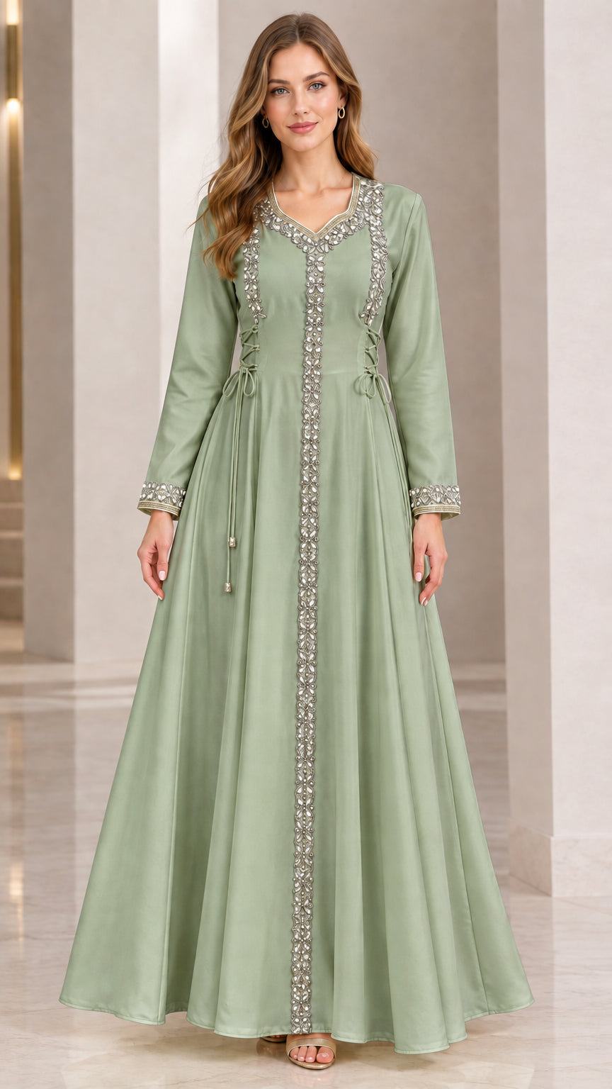 Front view of woman wearing sage green long sleeve beaded kaftan dress