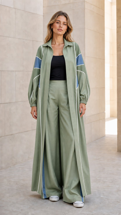 Sage Green colorblock maxi duster and wide leg trousers set