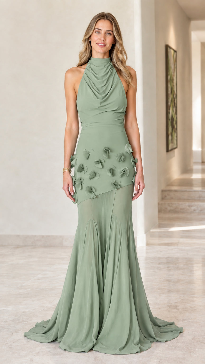 Sage green halter cowl neck mermaid maxi dress with dimensional petals