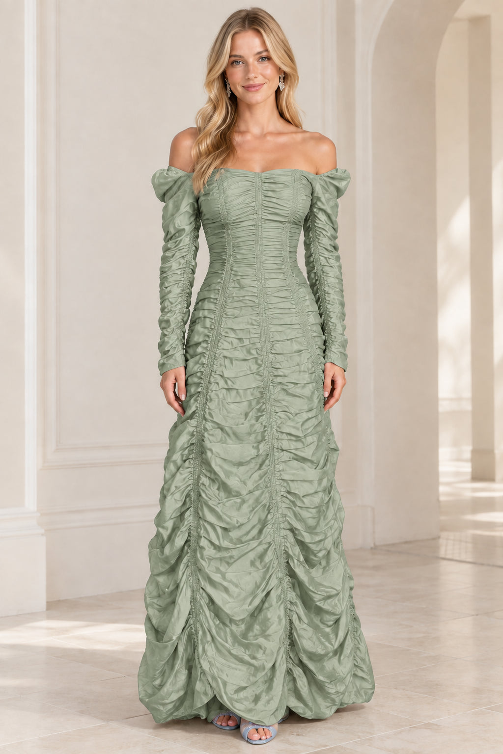 Front view of sage green off-the-shoulder ruched evening gown
