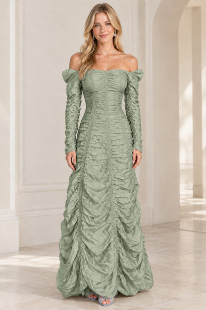 Front view of sage green off-the-shoulder ruched evening gown