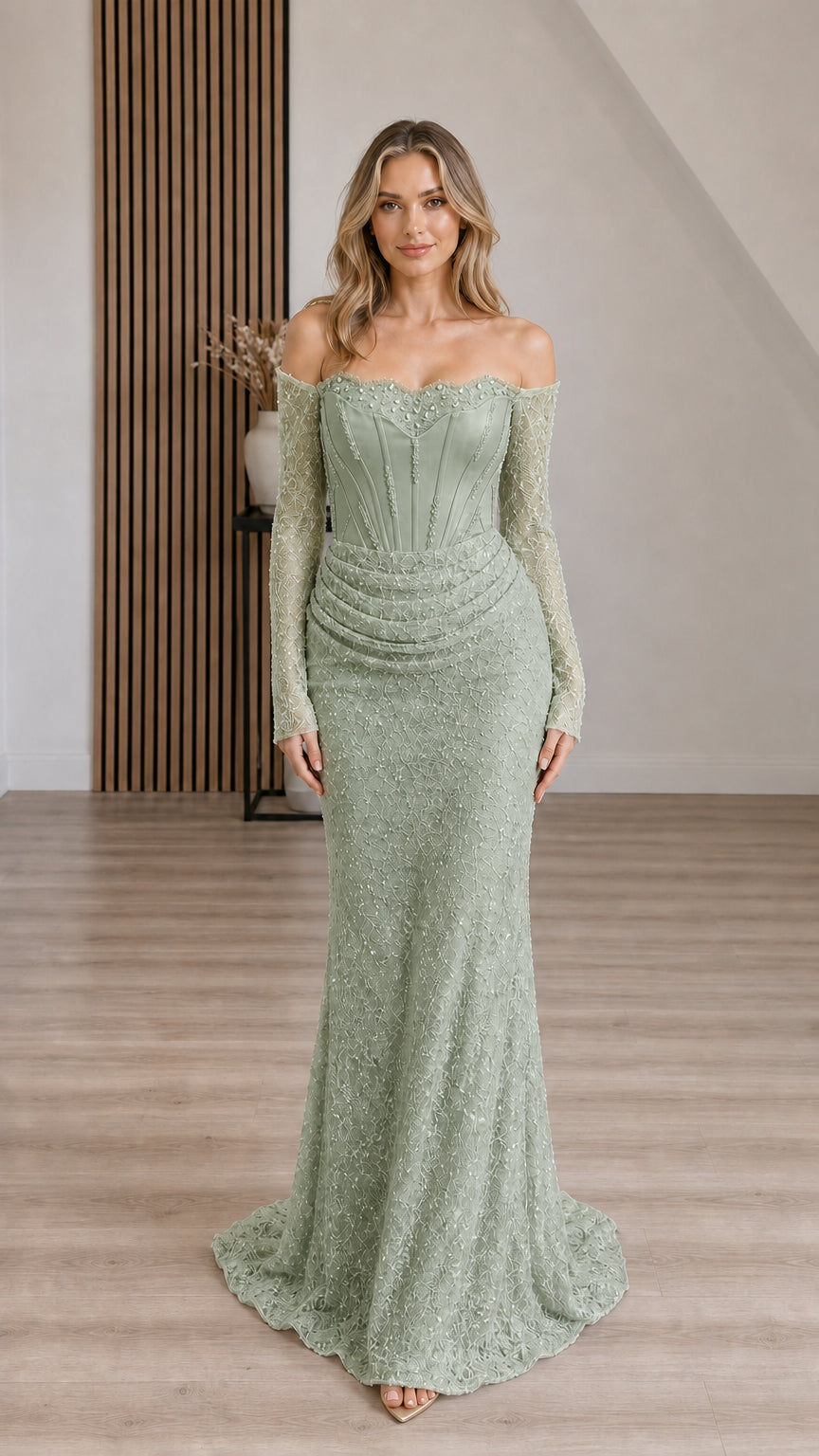 Front view of woman wearing Sage Green off-the-shoulder corset long sleeve formal gown