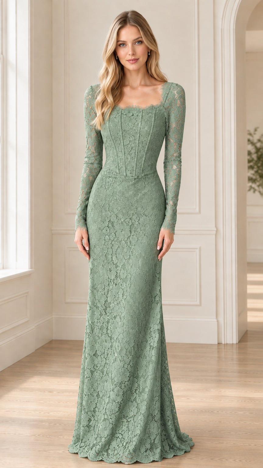 Front view of sage green long sleeve lace evening dress with corset bodice