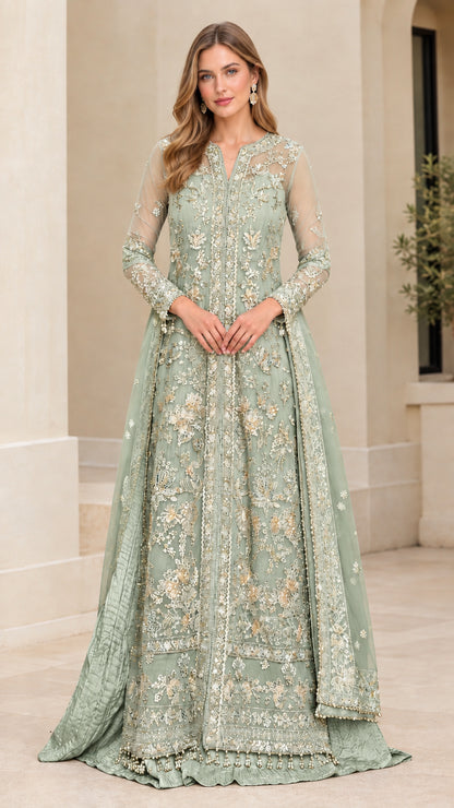 Model wearing sage green embroidered floor-length formal evening gown