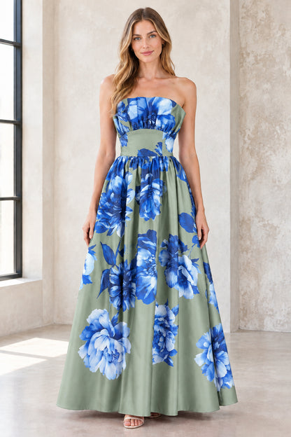 Full-length view of sage green strapless floral satin maxi gown