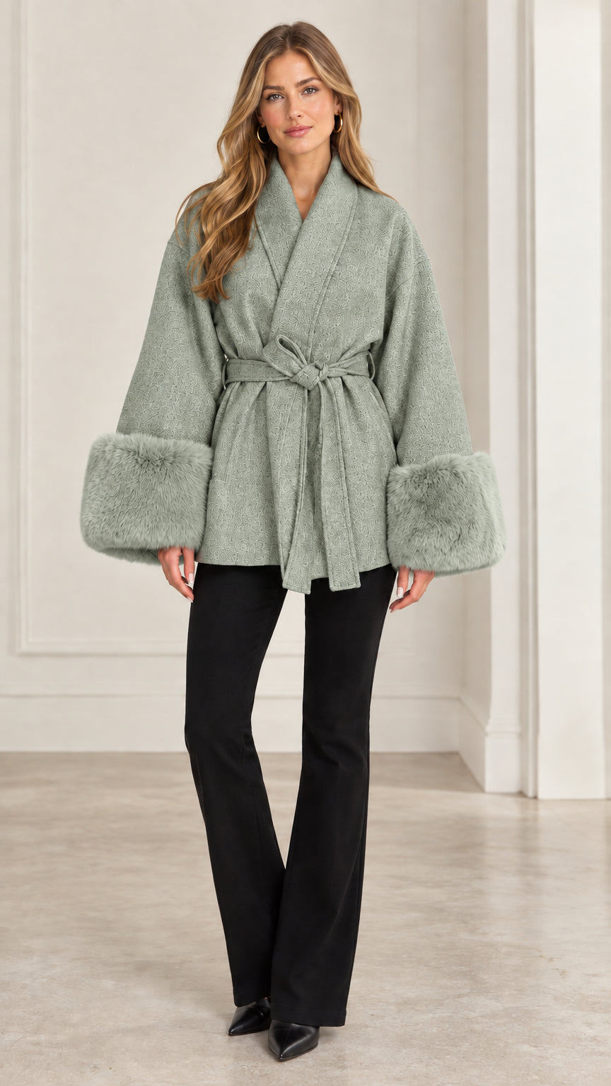Front view of model wearing sage green faux fur cuff belted short coat