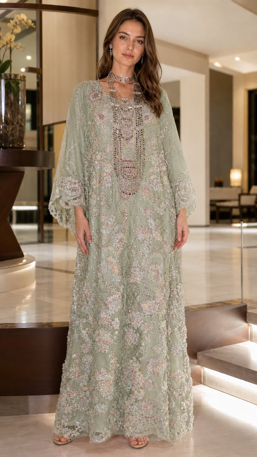 Full front view of sage green floral sequin embroidered kaftan maxi dress