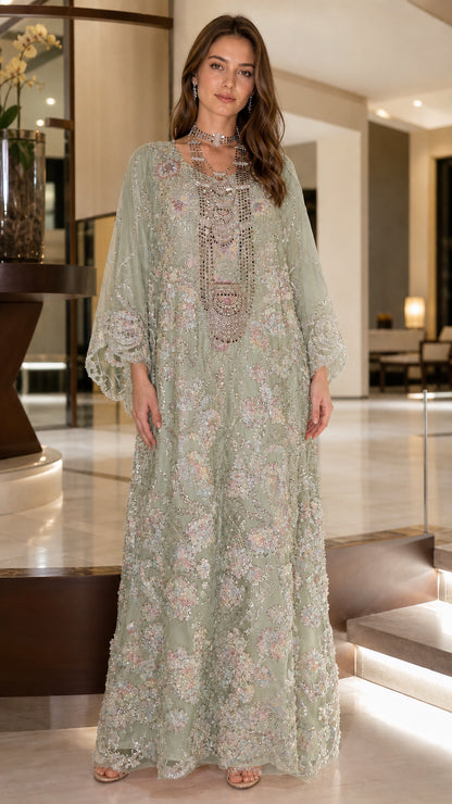 Full front view of sage green floral sequin embroidered kaftan maxi dress