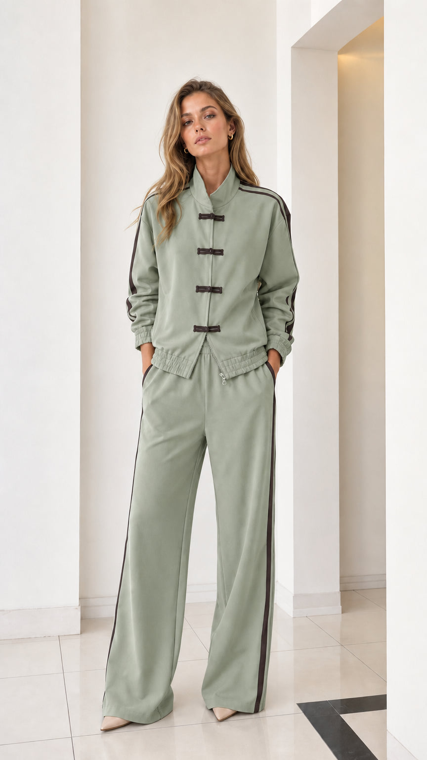 Full front view of women's sage green two-piece tracksuit with contrast stripes