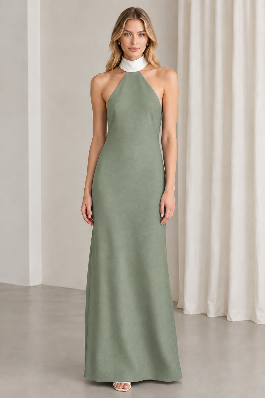 Sage green halter neck column evening dress with contrast white collar