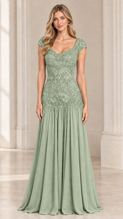Front view of sage green beaded lace drop waist formal evening gown