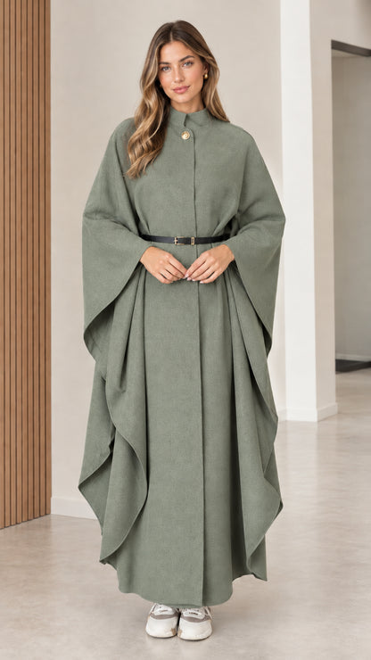 Women's sage green stand collar belted maxi cape coat