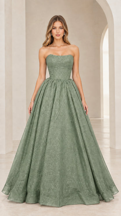 Front view of model in sage green strapless glitter A-line ball gown