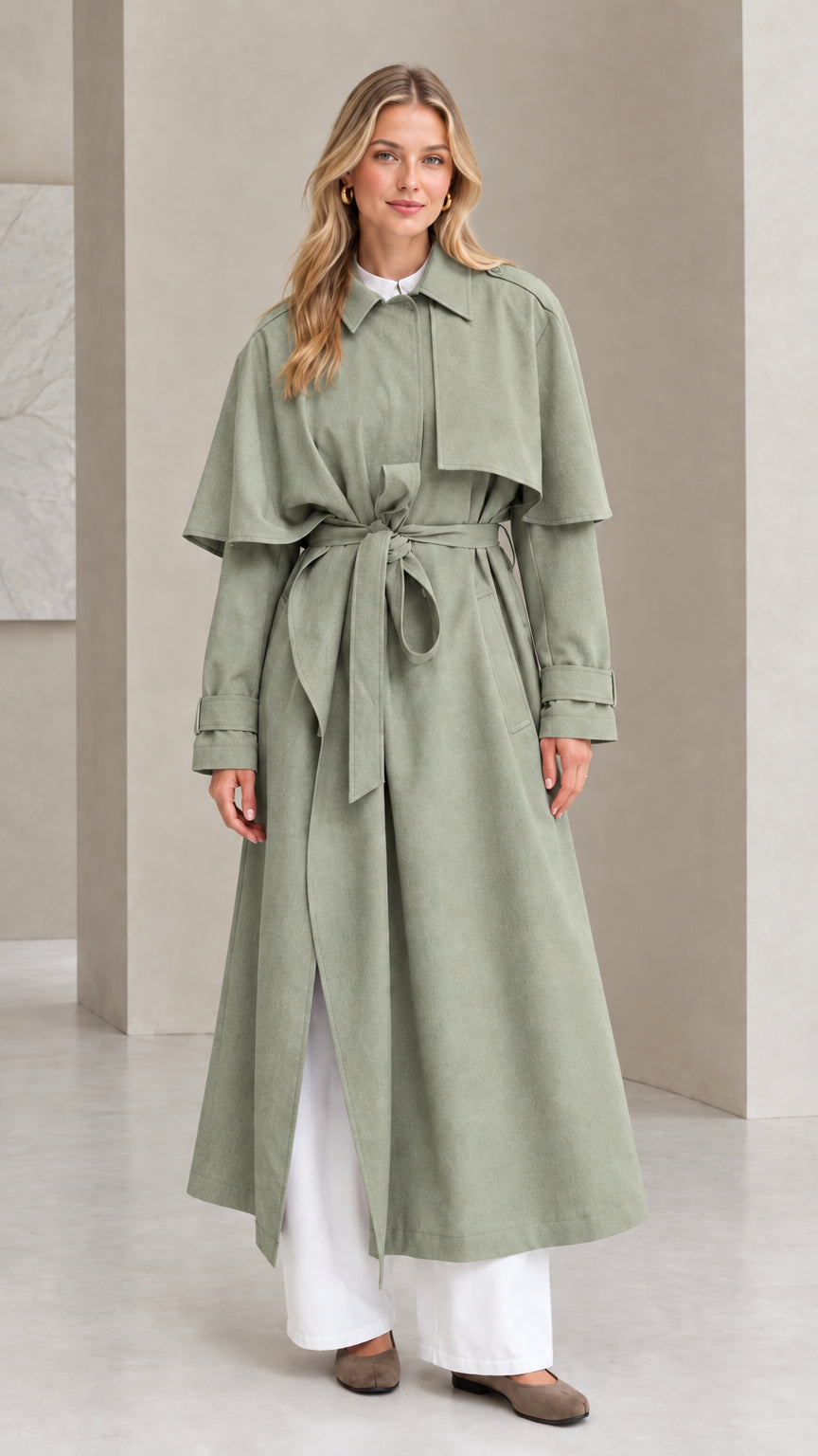 Front view of sage green capelet longline belted trench coat