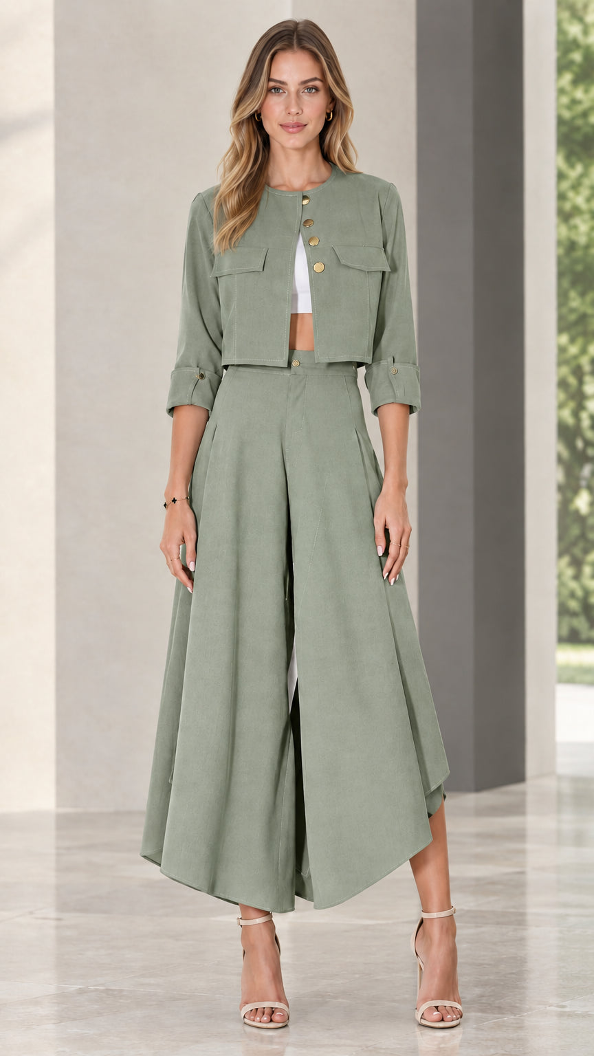 Model wearing sage green two-piece cropped jacket and wide-leg trousers