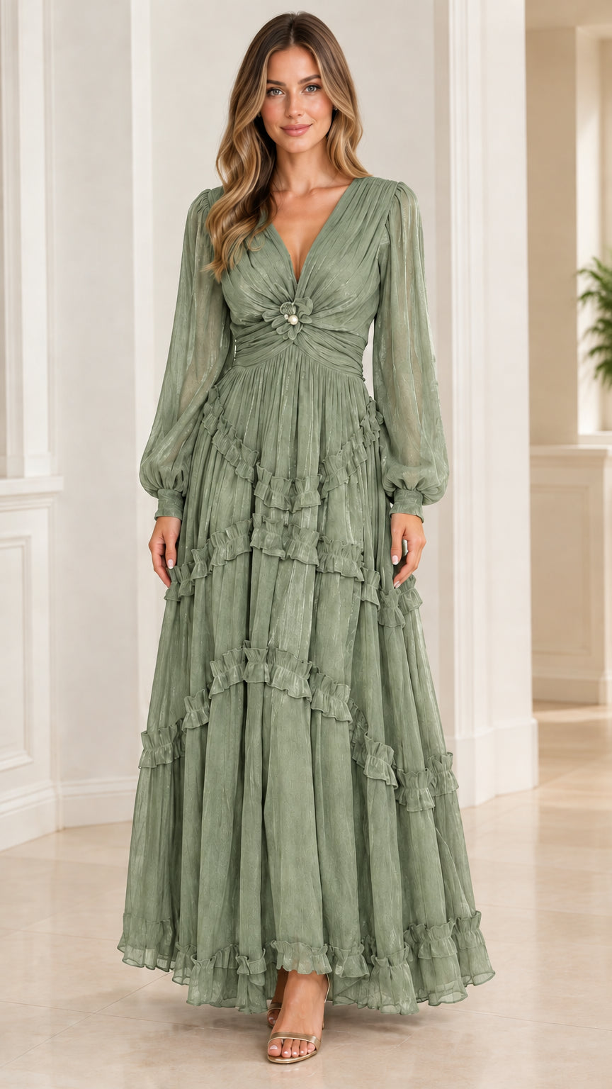 Model wearing sage green pleated tiered maxi dress for formal events