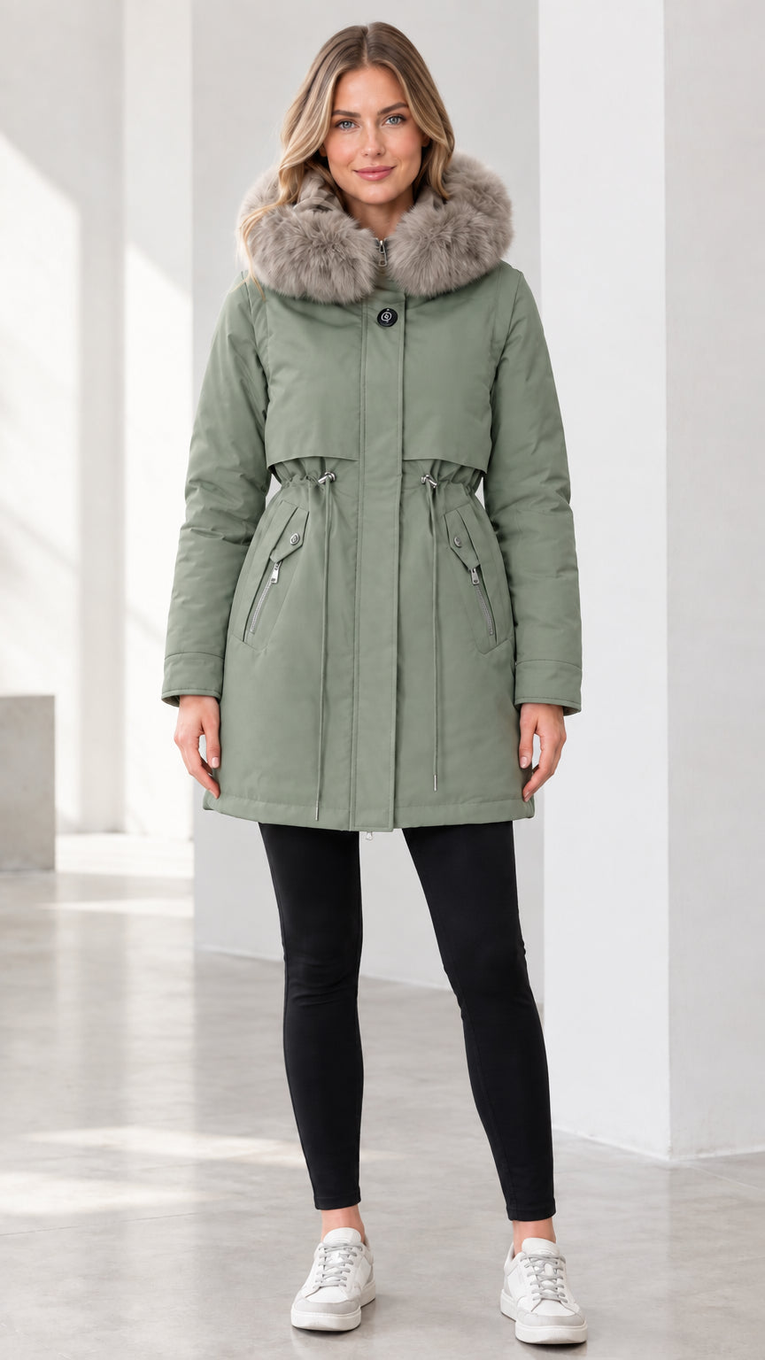 Front view of model wearing sage green faux fur hooded winter parka