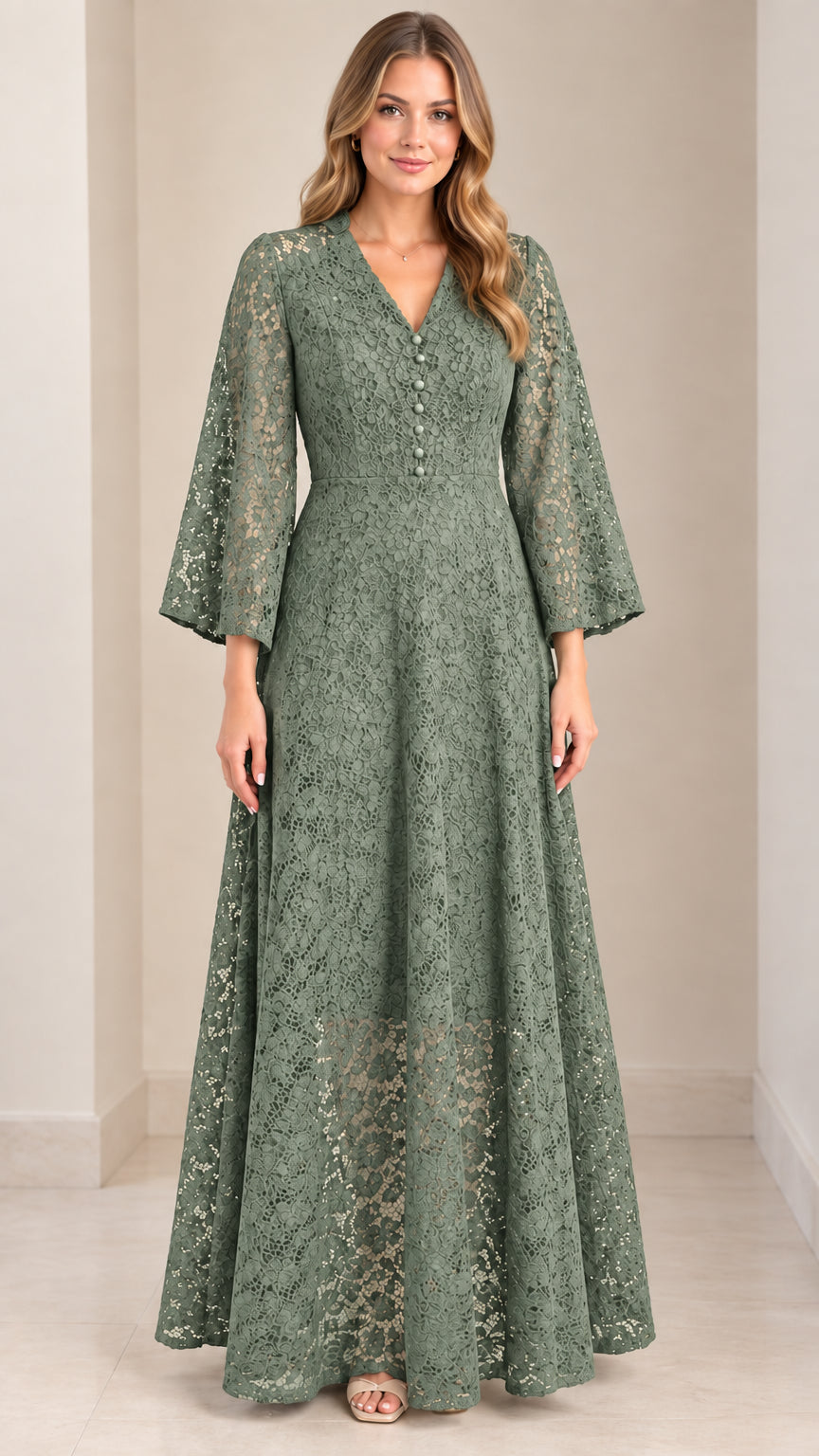 Front view of Sage Green floral lace bell sleeve maxi evening dress