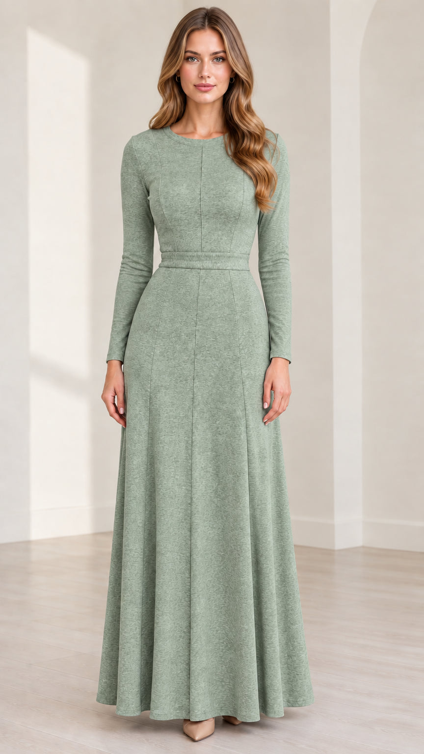 Front view of woman wearing Sage Green long sleeve A-line maxi dress