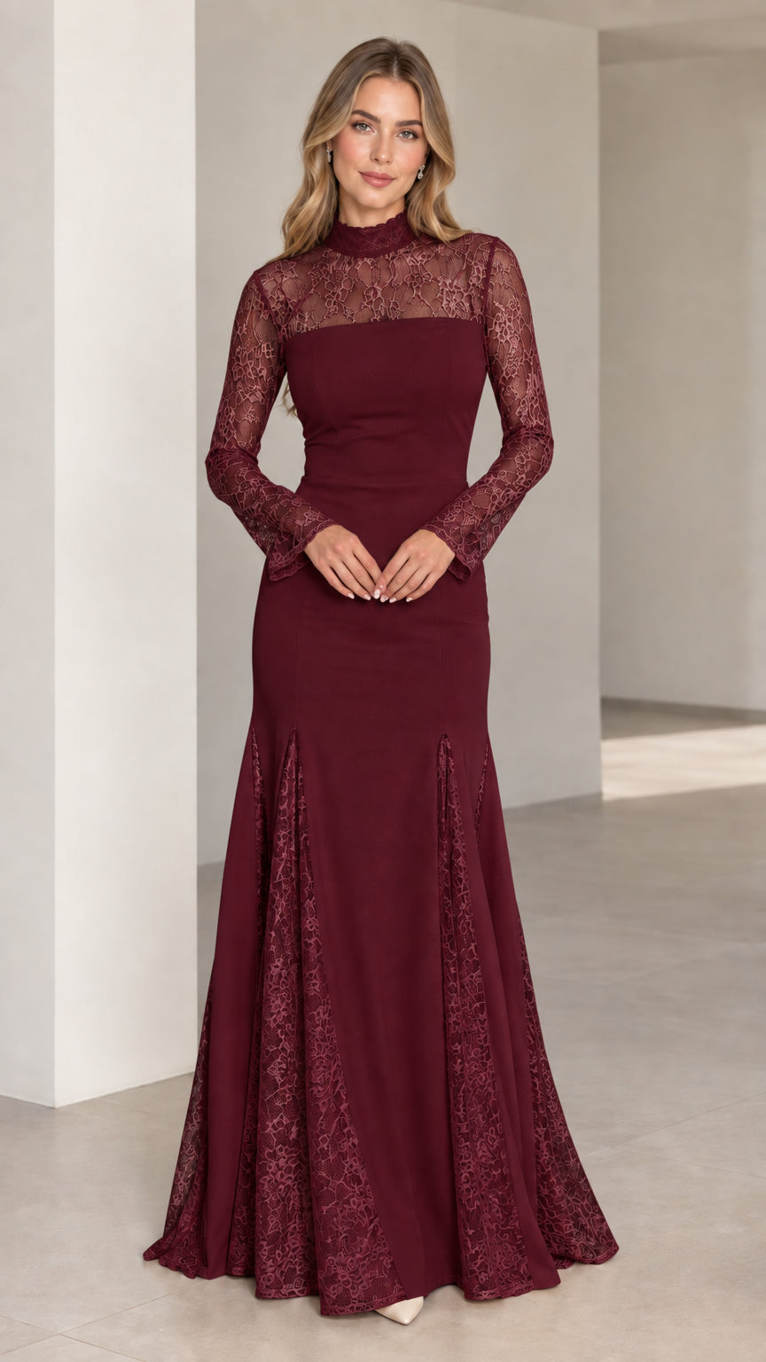Front full-length view of burgundy long sleeve floral lace mermaid formal dress
