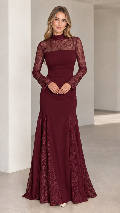 Front full-length view of burgundy long sleeve floral lace mermaid formal dress