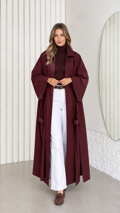 Women's floor-length duster trench coat in rich burgundy wine