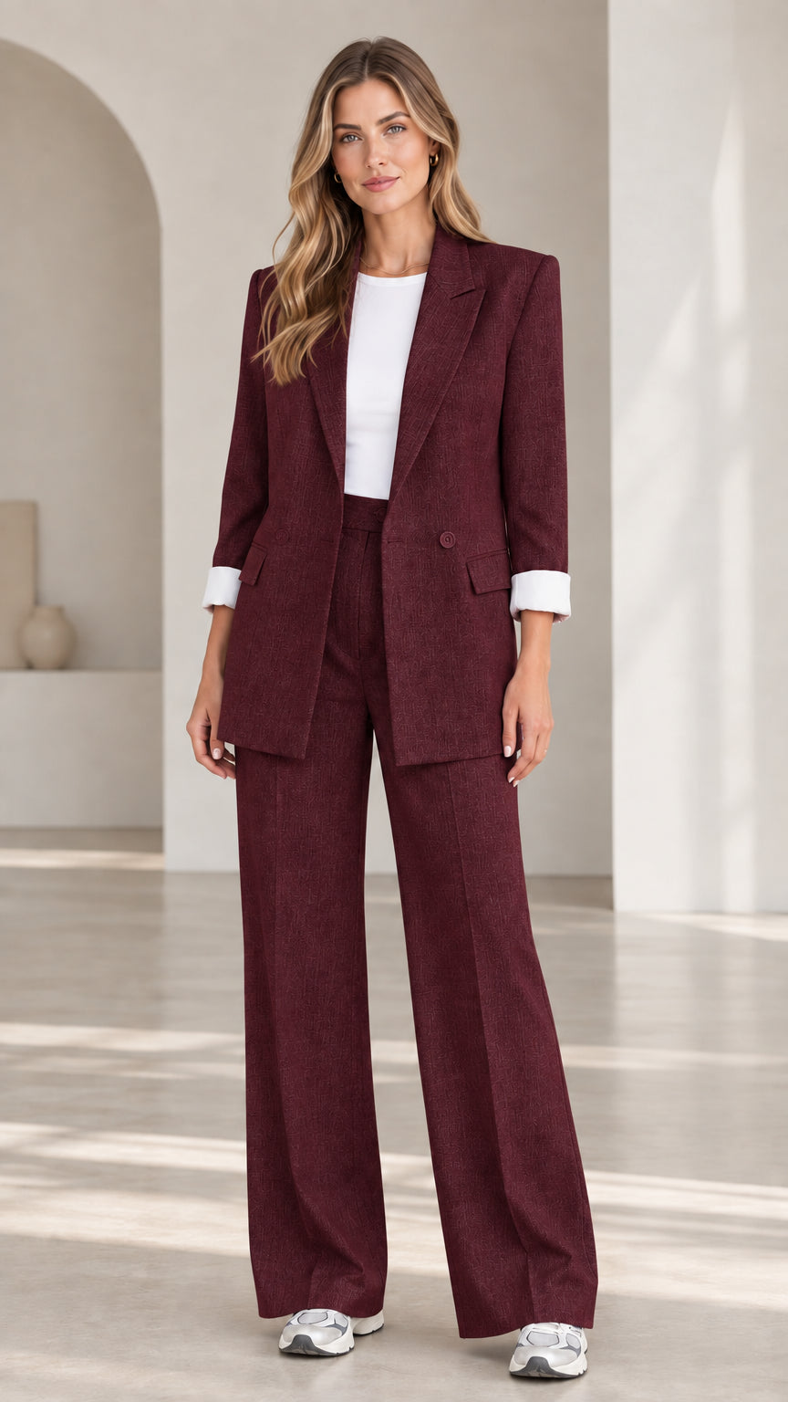 Full-length view of woman wearing Burgundy two-piece blazer and wide-leg pants suit set