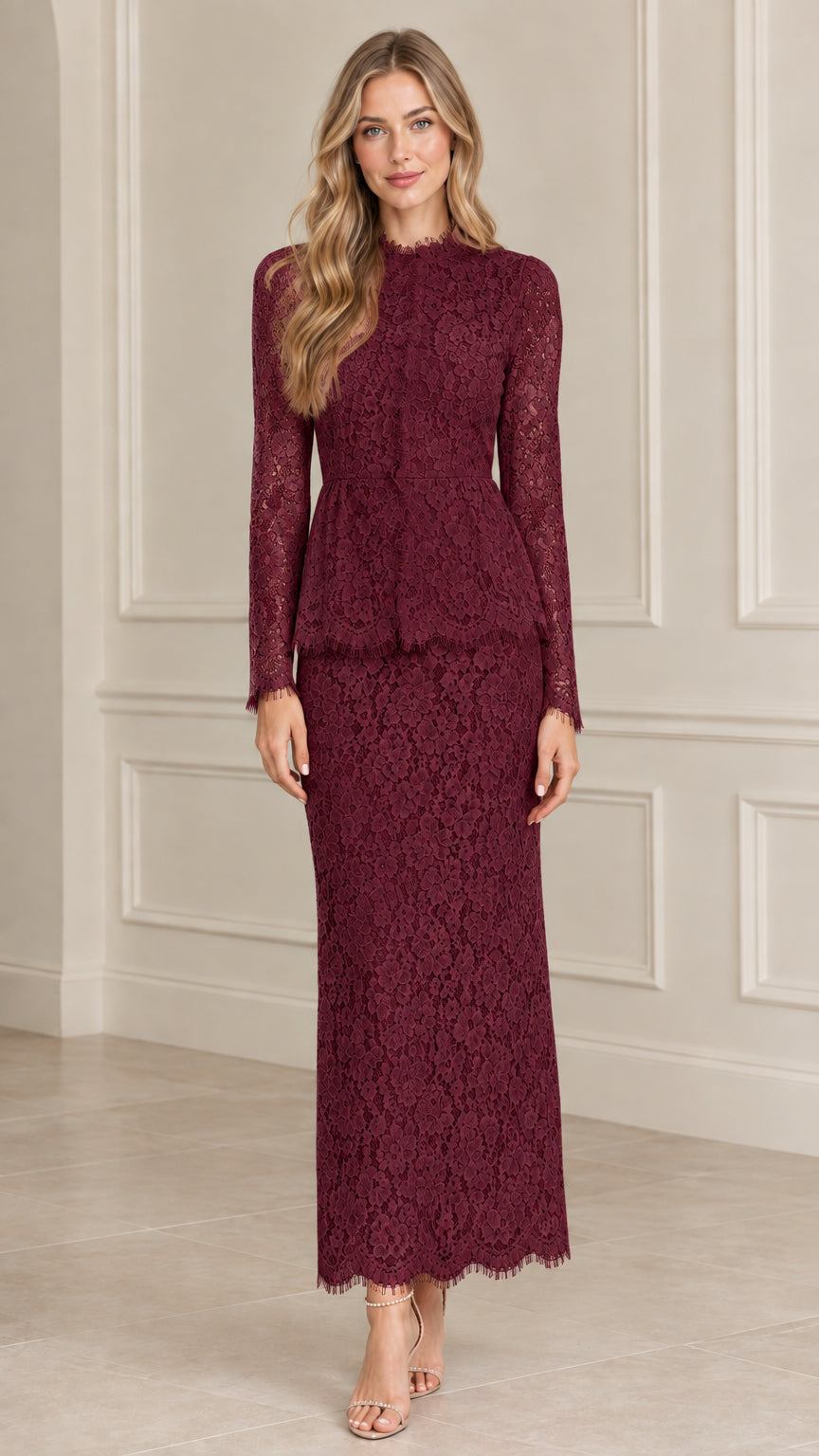 Front view of model wearing Burgundy wine floral lace peplum maxi dress
