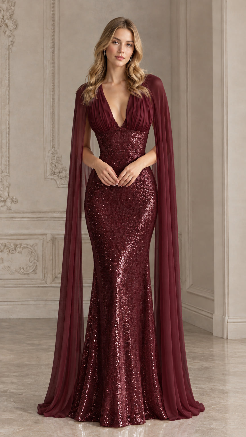 Burgundy wine red sequin mermaid gala gown with chiffon cape