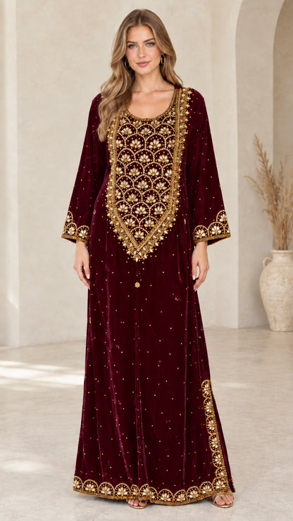 Burgundy wine red velvet embroidered kaftan maxi dress