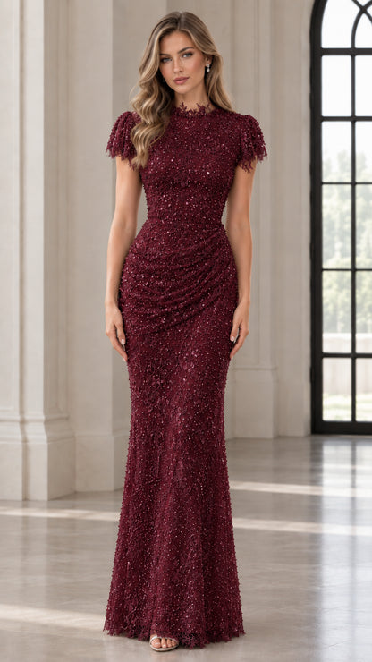 Front view of burgundy red sequin mock neck column formal gown