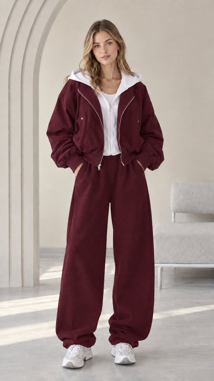 Front view of model wearing the Burgundy wine contrast hooded jacket and pants set
