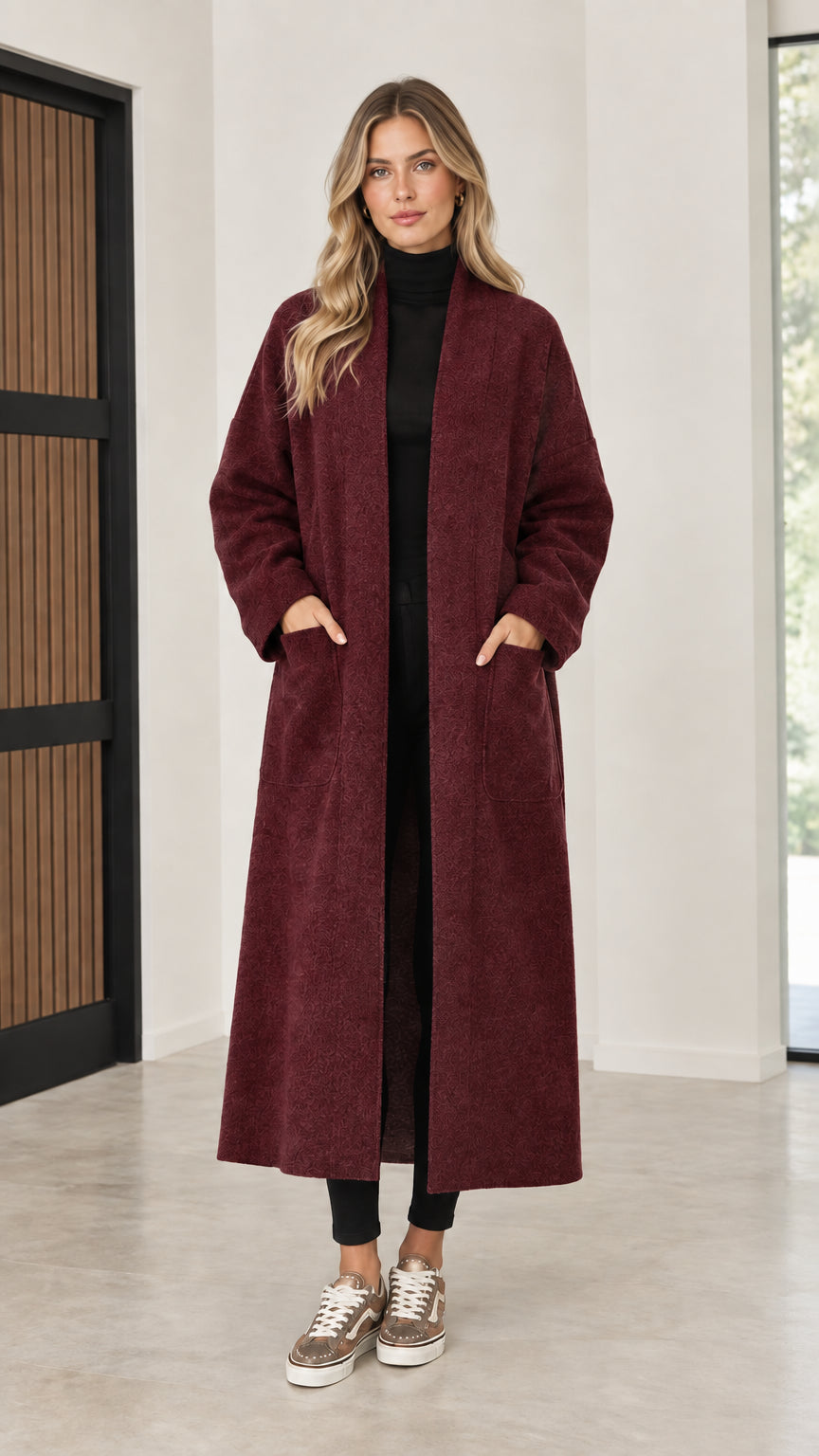Front view of model wearing burgundy wine open front maxi coatigan