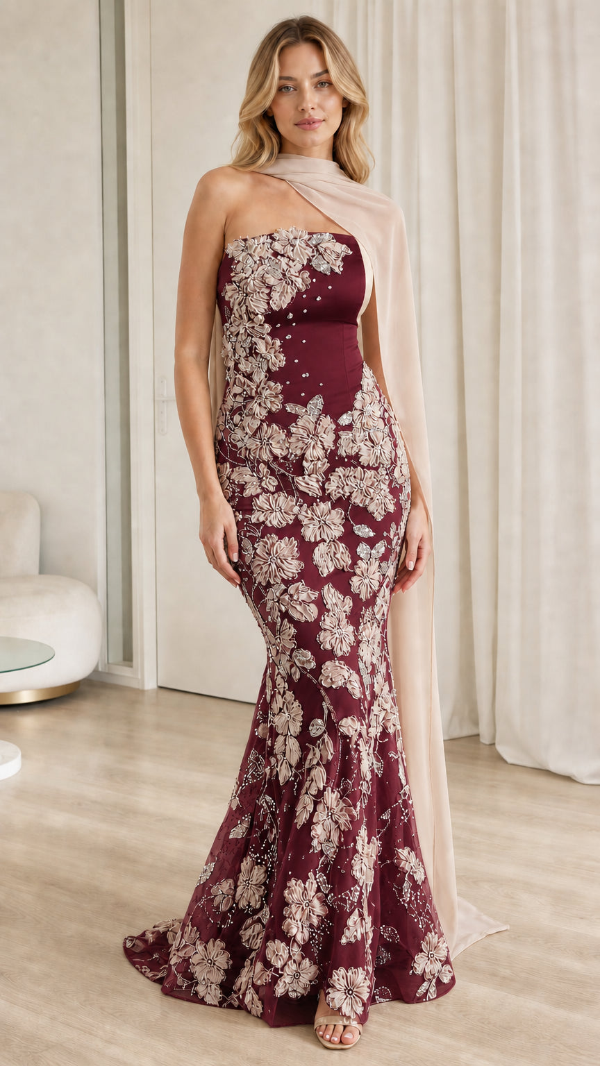 Full front view of strapless burgundy wine lace mermaid evening dress