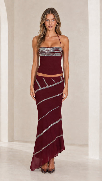 Burgundy wine red halter top and diagonal sequin maxi skirt set