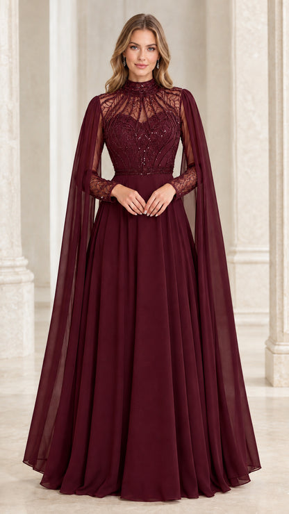 Front view of burgundy cape sleeve beaded evening gown