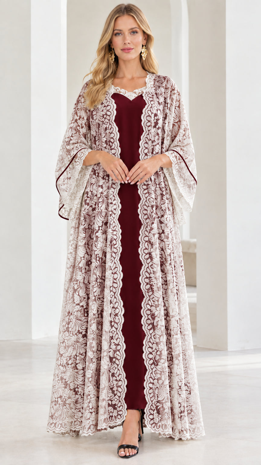 Model wearing burgundy wine red lace duster cardigan set