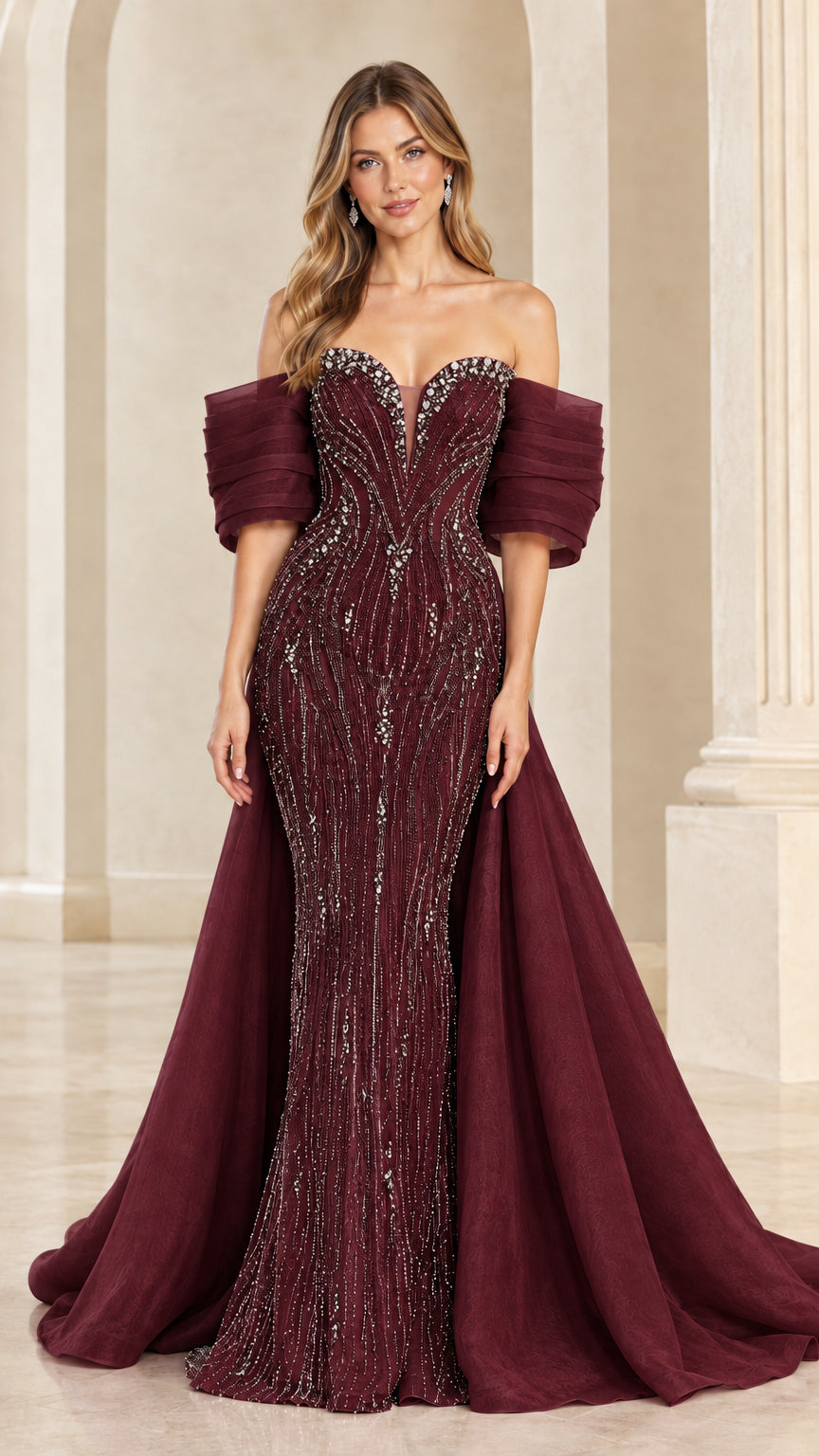 Burgundy wine embellished mermaid gown with pleated sleeves and dramatic train