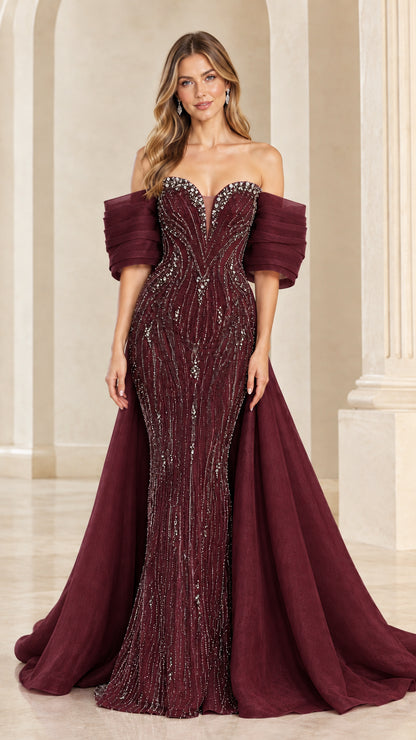 Burgundy wine embellished mermaid gown with pleated sleeves and dramatic train