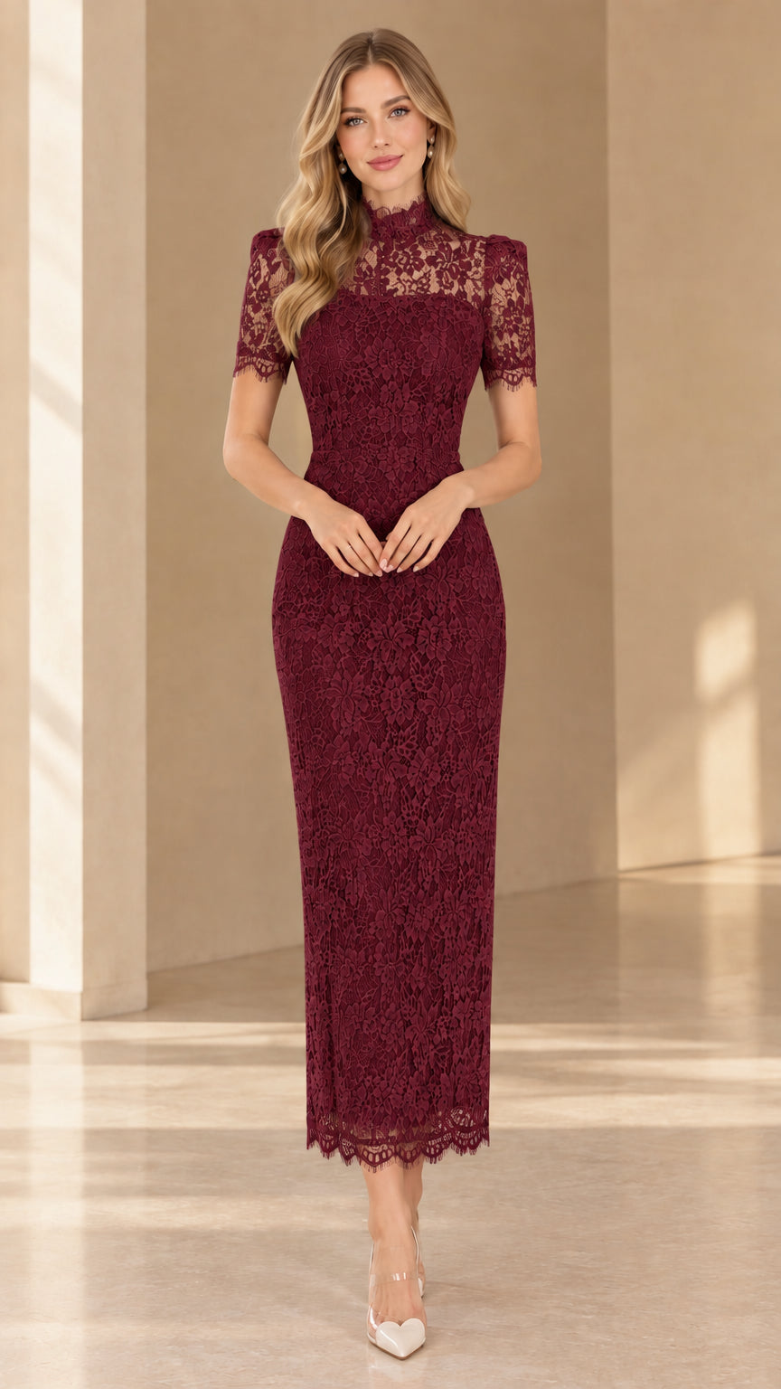 Front view of burgundy wine lace formal evening gown