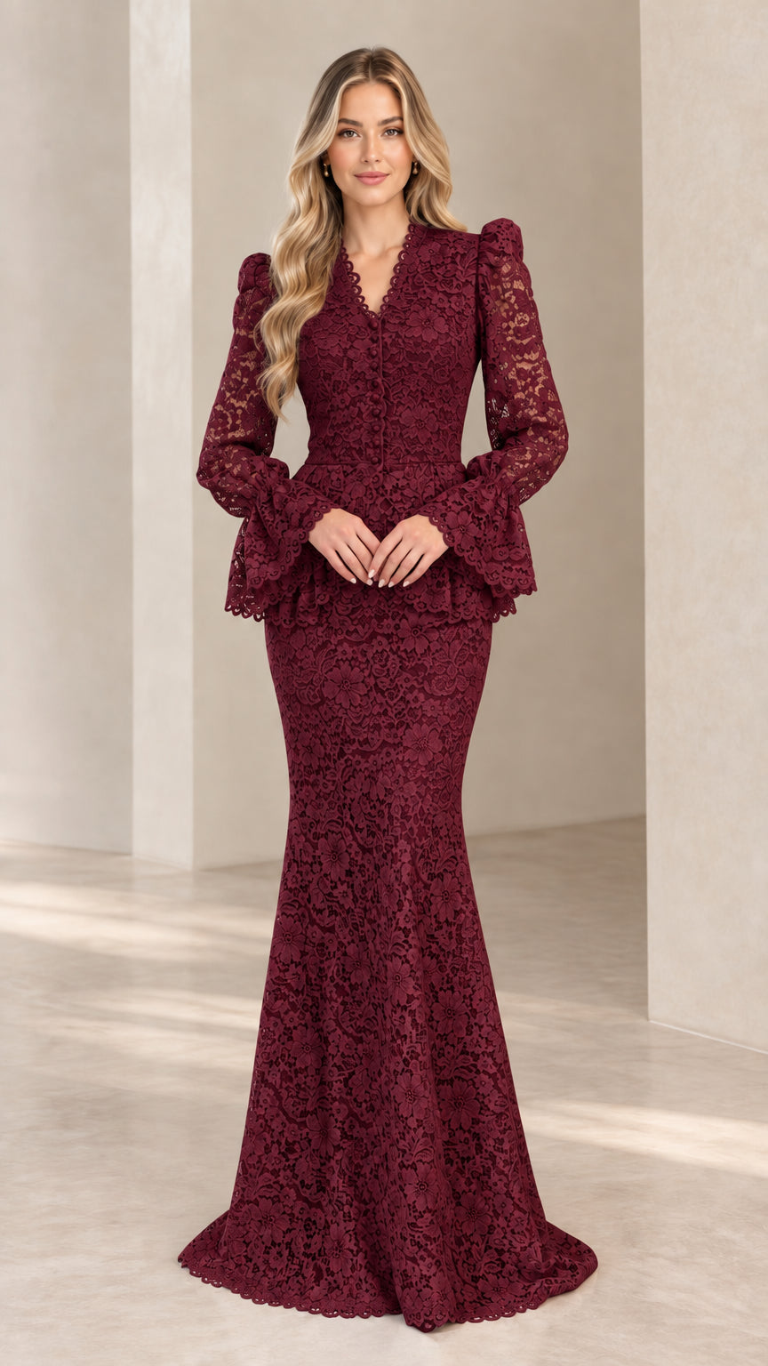 Full-length front view of burgundy wine lace peplum mermaid maxi dress
