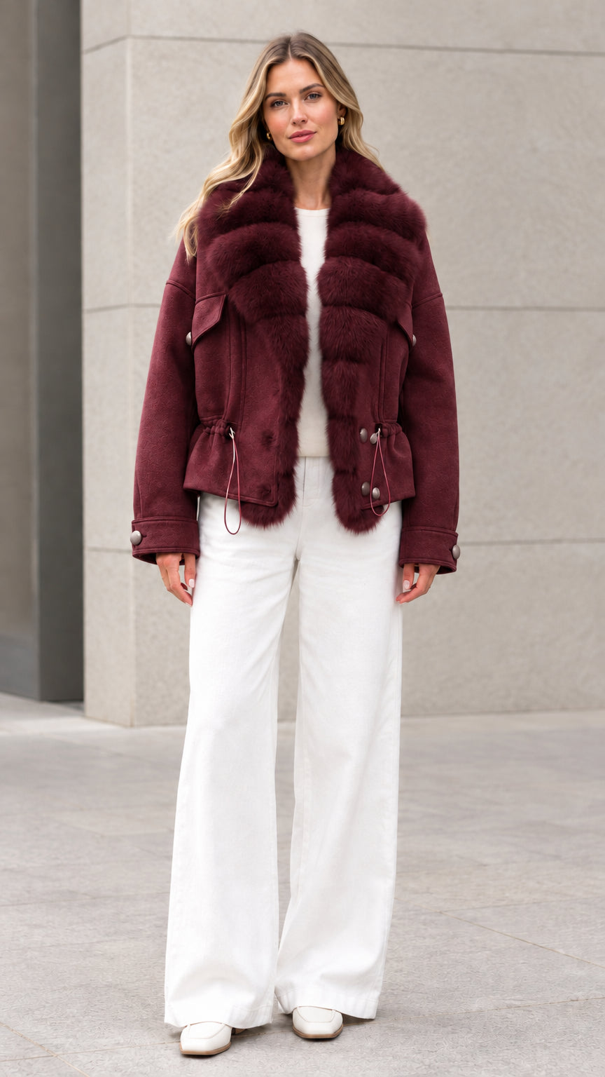 Woman wearing burgundy wine faux fur trim short outerwear coat