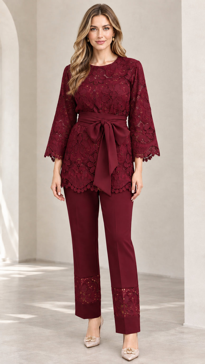 Burgundy wine red floral lace top and pants set with waist belt