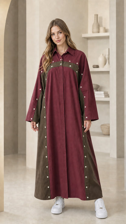 Burgundy and dark contrast long sleeve casual maxi dress